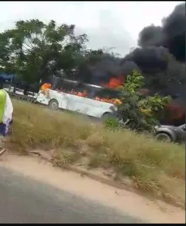 Wesley Grammar School bus carrying 83 students catches fire at Kasoa Tollbooth